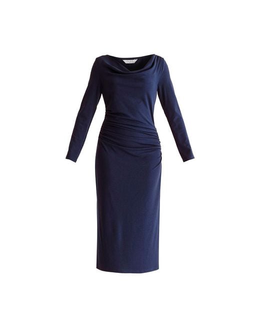 Paisie Blue Ruched Jersey Dress With Draped Neck