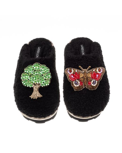 Laines London Black Teddy Closed Toe Slippers With Butterfly & Oak Tree Brooches