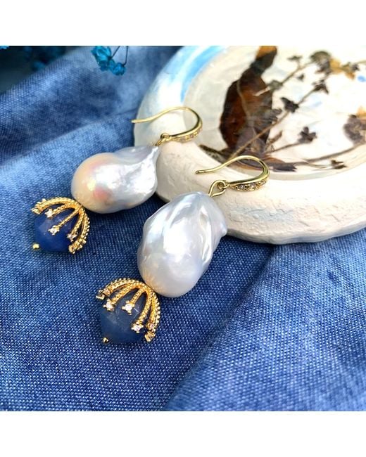 Farra Blue Baroque Pearl With Aventurine Dangle Earrings