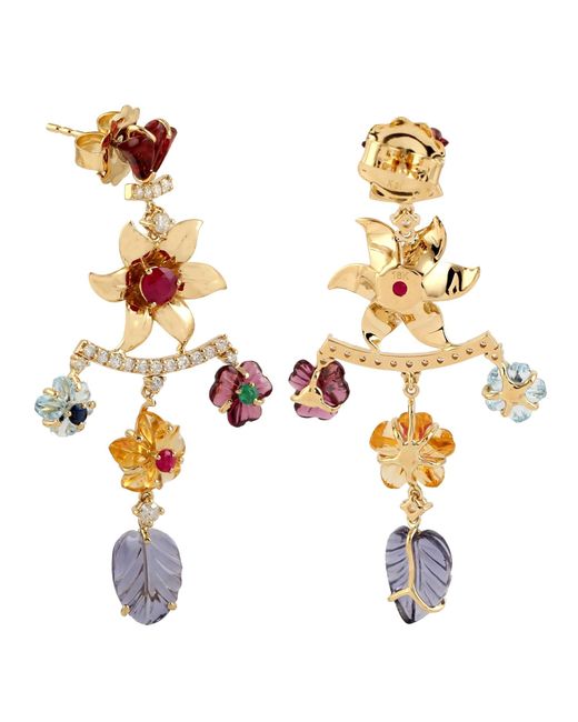 Artisan Metallic 18k Gold Diamond Carved Flower Gemstone Chandelier Earrings Jewelry