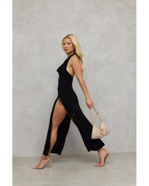 Why Mary Black Venus Cowl Neck Halter Bamboo Jersey Maxi Dress