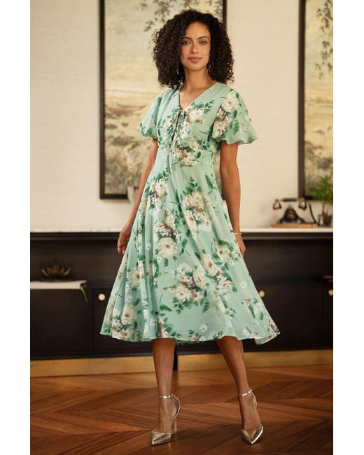 Yumi' Green Mint Floral Tea Dress With Front Ties
