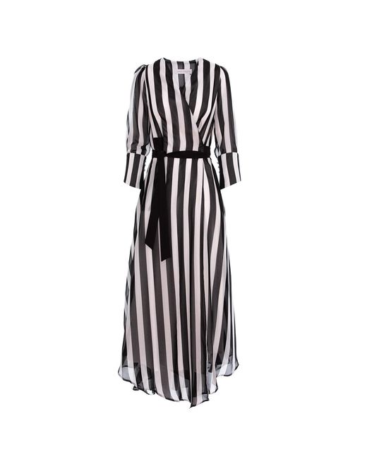 Larisa Dragna Black Monochrome Stripes Asymmetric Wrap Dress