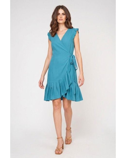 Conquista Blue Sleeveless Ruffled Wrap Dress
