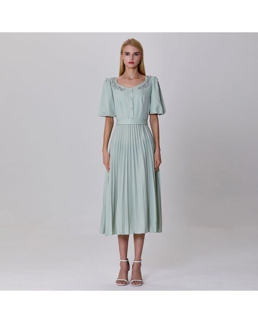 Smart and Joy Green Neutrals Pleats And Embroideries Blouse-Dress