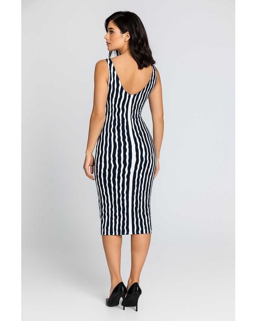 Conquista White Dark & Wavy Stripe Bodycon Dress