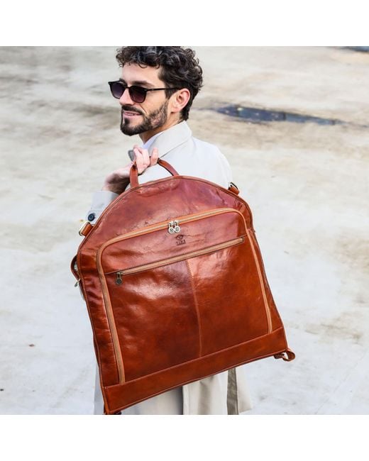 Time Resistance Brown Cognac Leather Garment Bag for men
