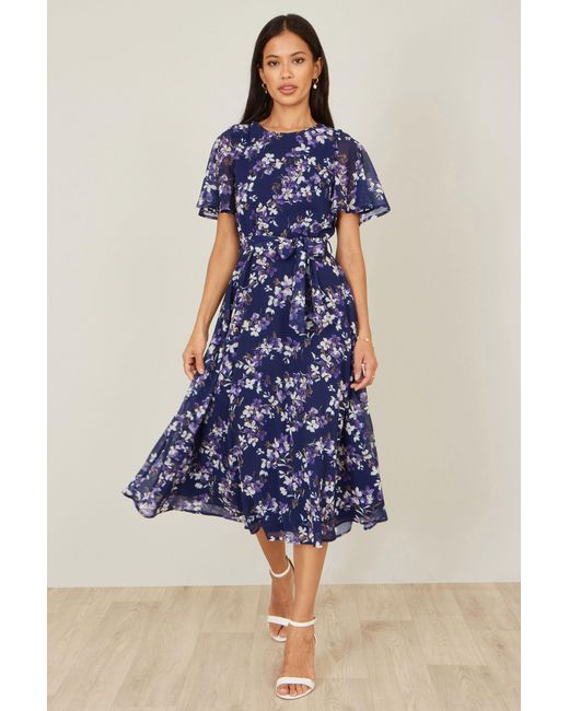 Yumi' Blue Blossom Print Midi Skater Dress With Angel Sleeves