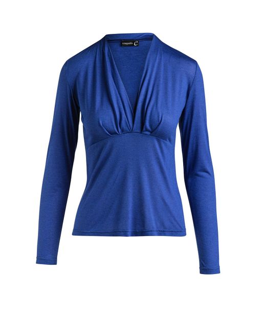 Conquista Blue Cashmere Blend Long Sleeve Faux Wrap Top In Stretch Jersey Sustainable Fabric