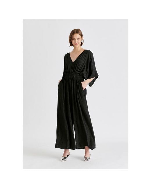 Paisie Black Sparkled Wide Leg Jumpsuit With Belt