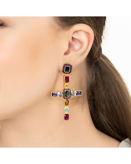 Latelita London Metallic Santa Maria Extra Large Gemstone Cross Earrings