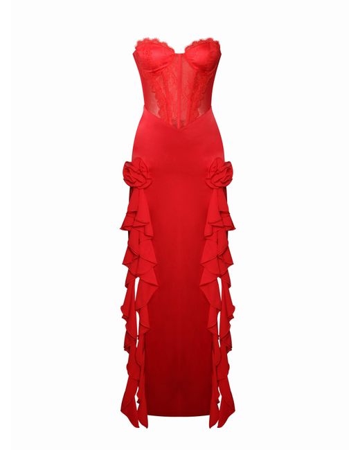 Miss Circle New York Red Talia Satin Lace Corset Maxi Dress
