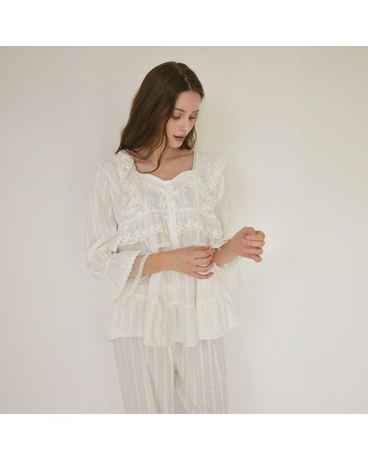 Luna Luz White Angelring Cotton Embroidered Square-Neck Long-Sleeve Pajama Set