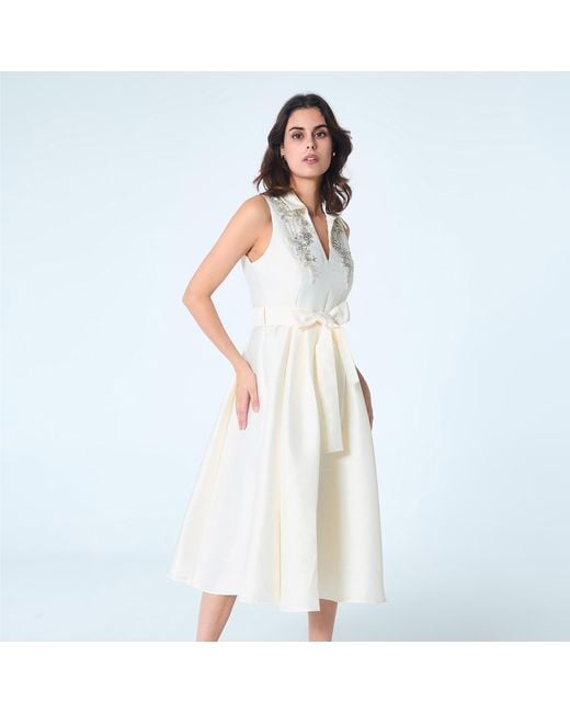 Smart and Joy White Beaded Taffeta Fit-and-Flare Cocktail Dress