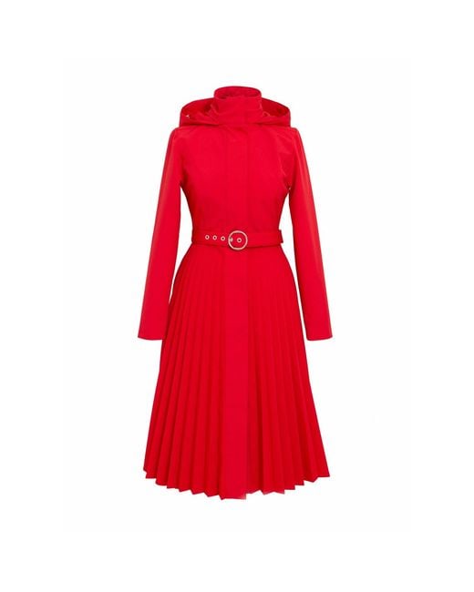 RainSisters Red Fit & Flare A-Line Coat With Pleated Skirt: Scarlet Waltz