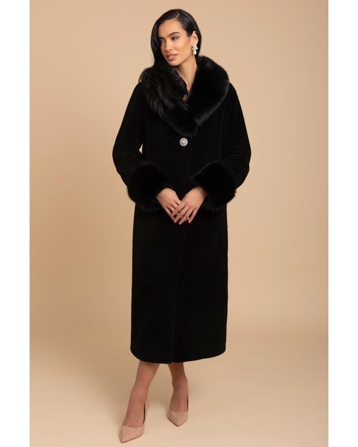 Santinni Black Sunset Boulevard Long Wool Coat With Faux Fur Collar
