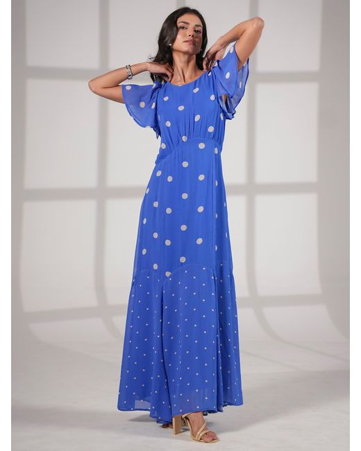 Rose & Nancy Blue Joanna And Polka Dot Print Frill Sleeve Maxi Dress