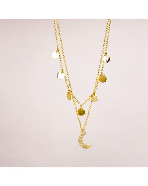 Lila Rasa Metallic Celestial Double Layer Necklace Crecent Cz Moon