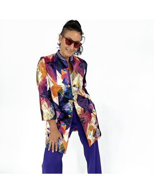 Lalipop Design Blue Abstract Print Jacquard Long Coat Jacket