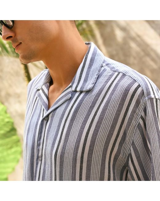ORIGIN OF HEARTS Gray Nima Striped Cotton Resort Shirt for men
