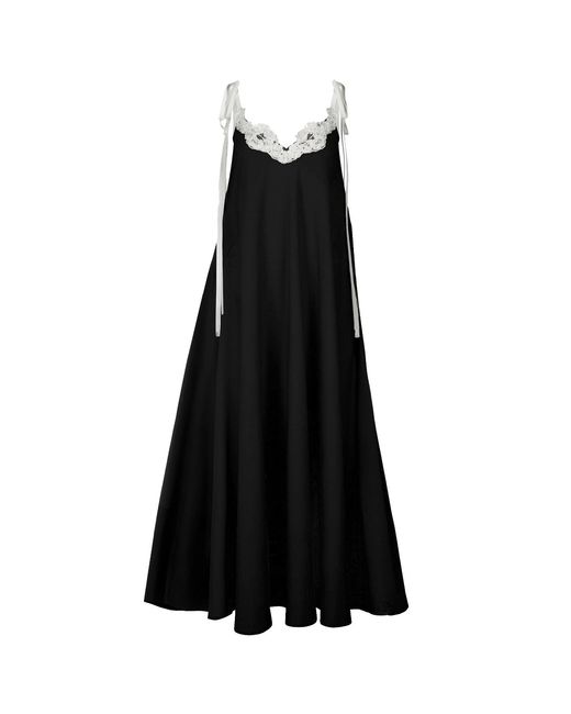Langner Black Linen-Viscose Slip Dress With Lace Detail & Tie Straps
