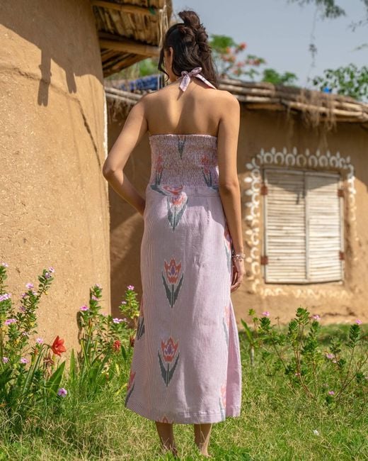 Charkha & Loom Pink Desert Rose Ikkat Midi Dress