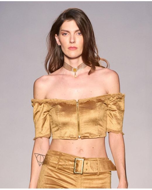 Why Mary Natural Off The Shoulder Velvet Crop Top With 3/4 Sleeves
