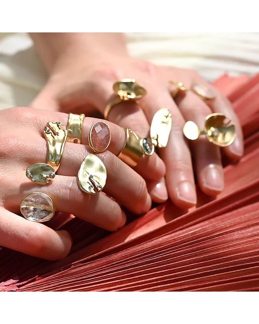 Rare Matters Jewelry Metallic Floating Stone Peach Glass Huggie Ring