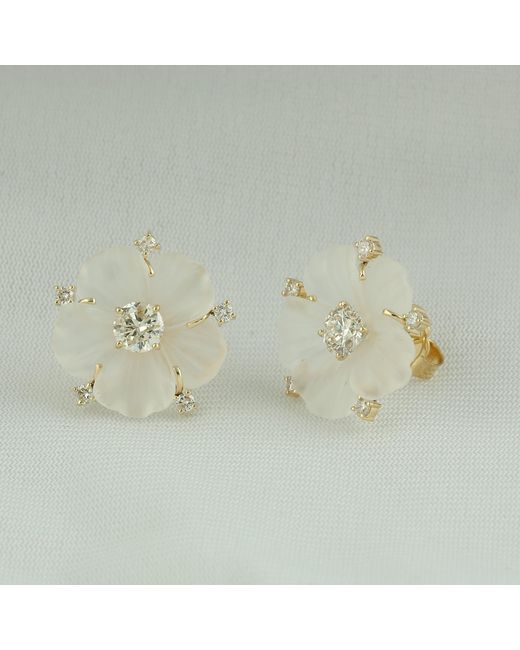 Artisan Multicolor 14K Carved Crystal & Diamond Flower Stud Earrings