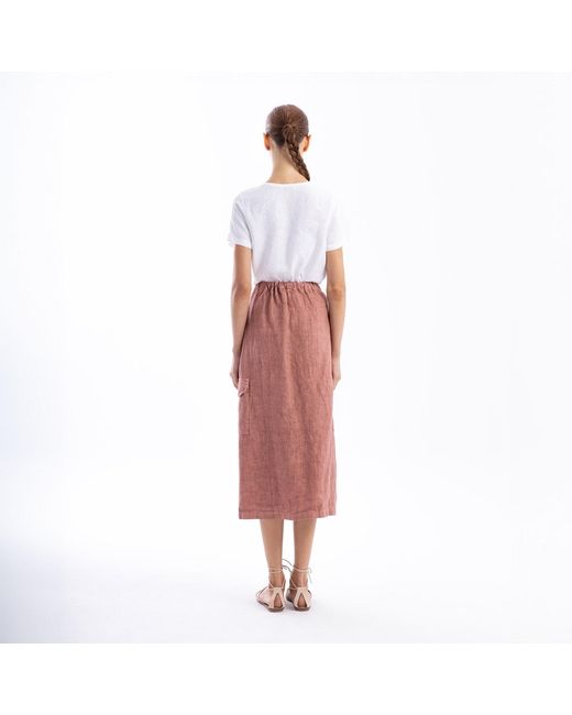 Haris Cotton Pink Cargo Linen Skirt With Pockets And Front Slit Blush