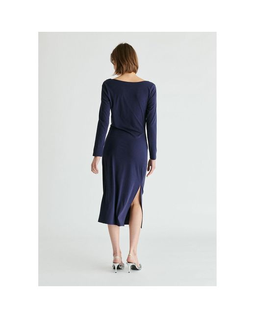 Paisie Blue Ruched Jersey Dress With Draped Neck