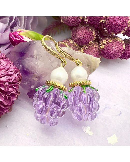 Farra Purple Glass Raspberry With Freshwater Pearls Earrings