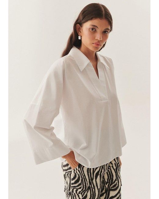 Exquise White Lucia Collared Poplin V-Neck Blouse