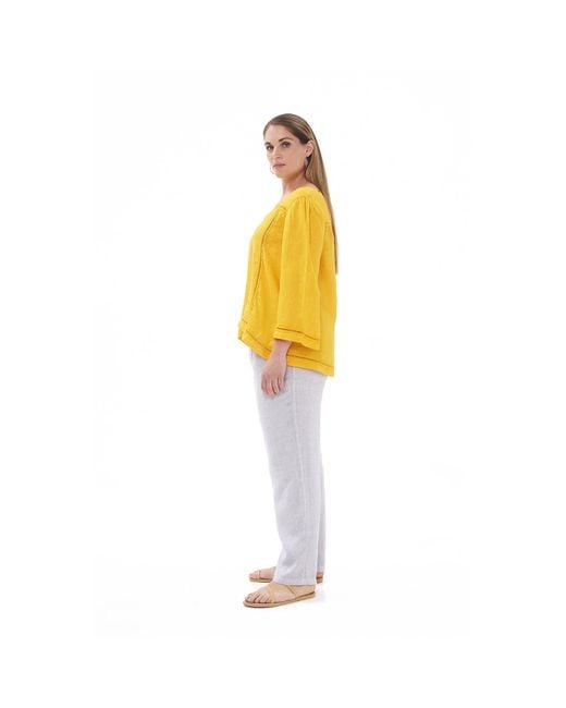 Haris Cotton Yellow Guipure Lace Insert Linen Blouse With V Neck
