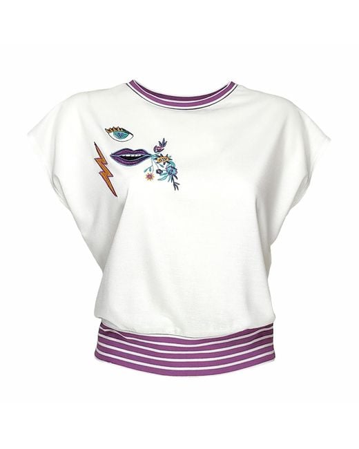 Lalipop Design White Embroidered Motif Cropped Cotton T-Shirt