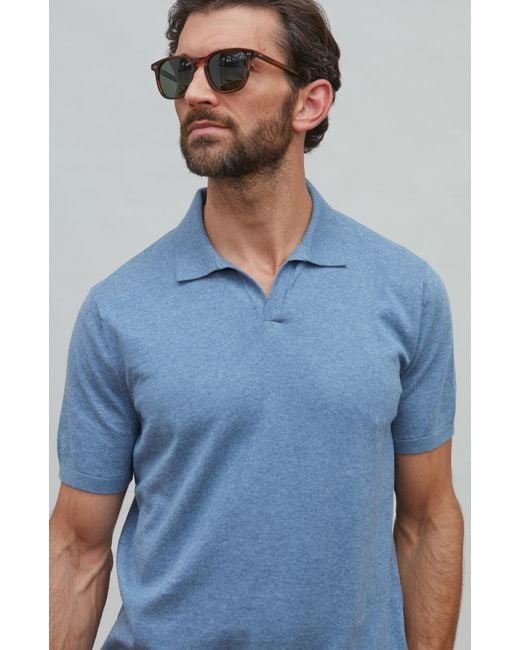 Paul James Knitwear Blue Ultra Fine Cotton Nathan Buttonless Polo Shirt for men
