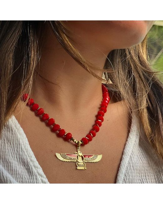 Ebru Jewelry Divine Protection Faravahar Symbol Pendant Red Beaded Necklace