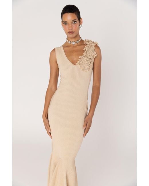 Andreeva Natural Neutrals Chrysanthemum Metallic Knit Dress With Handmade Emroidery