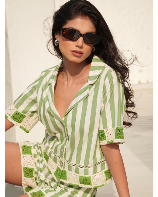 Rose & Nancy Green Helena Stripe Crochet Trim Cotton Resort Shirt