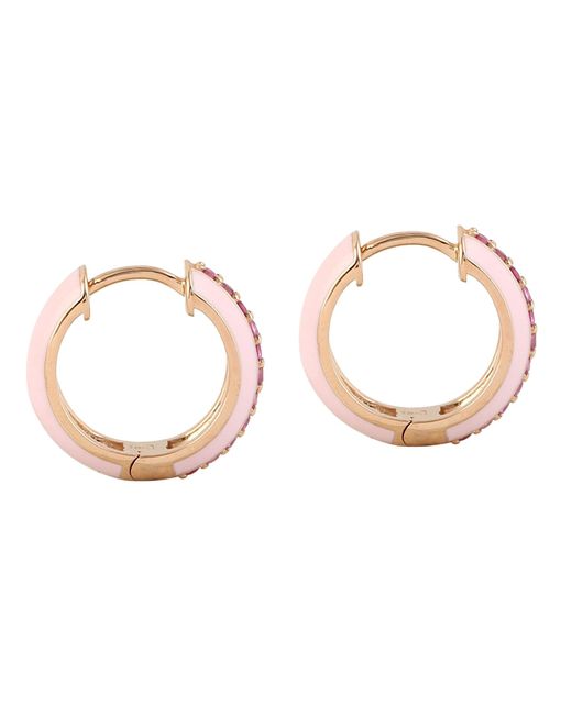 Artisan 14k Solid Rose Gold & Pave Pink Sapphire With Pink Enamel Designer Hoop Earrings