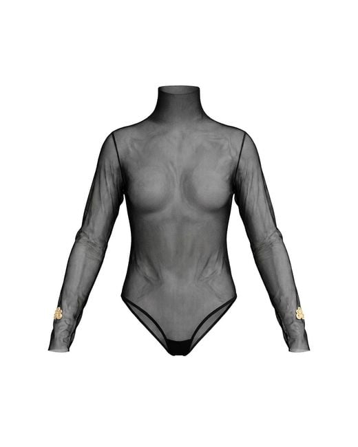 L2R THE LABEL Gray Embellished Mesh Turtleneck Second Skin Bodysuit