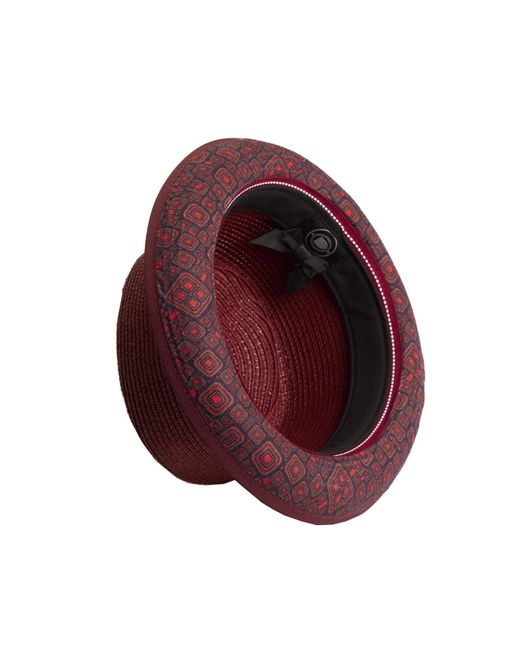 Dasmarca Hats Red Dasmarca Tommy Burgundy Summer Straw Porkpie Hat With Vintage Geometric Prints for men