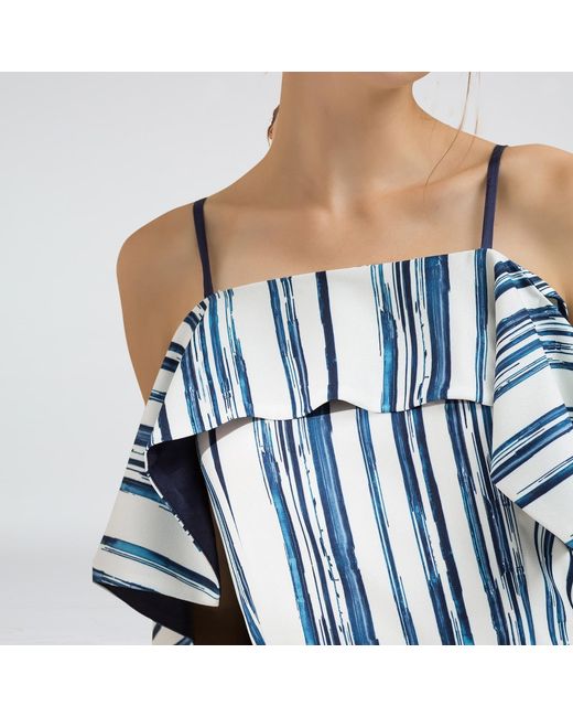 Smart and Joy Blue Stripe Print Cold Shoulder Dress