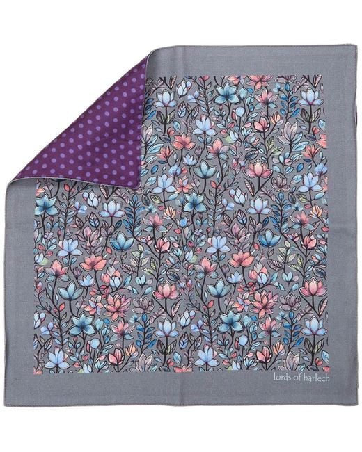 Lords of Harlech Blue Hudson Mystic Floral Merino Handkerchief Pocket Square for men