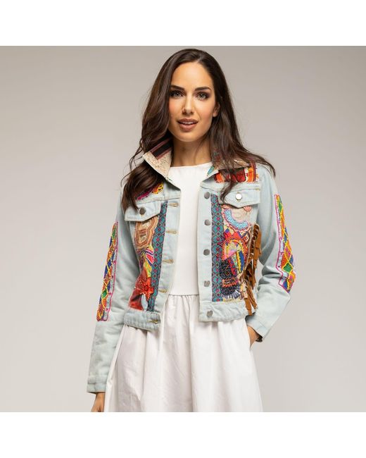 Tantra Spain Sl Blue Denim Jacket With Embroidered African Design And Sequins