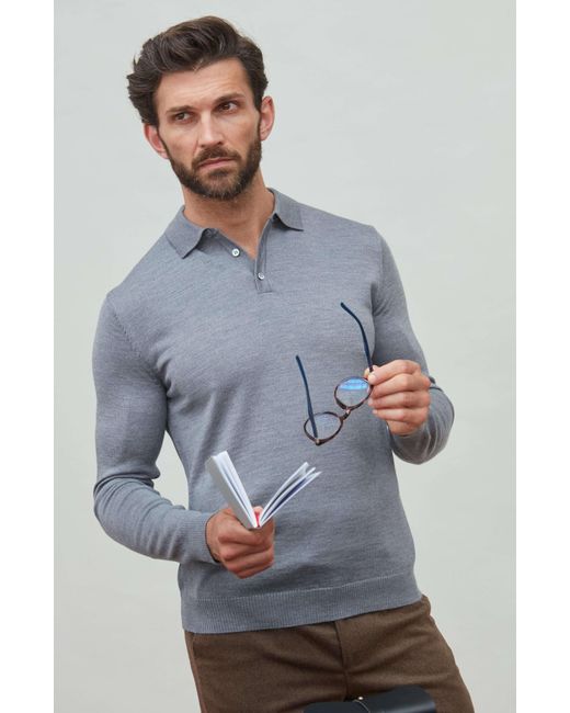 Paul James Knitwear Blue Extra Fine Merino Wool Turner Long Sleeve Polo Shirt for men