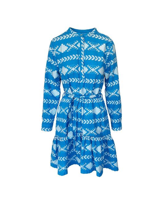 Haris Cotton Blue High-low Belted Embroidered Cotton Dress