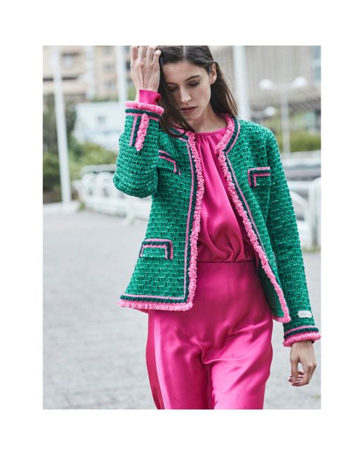 The Extreme Collection Green Merino Wool And Alpaca Tweed Jacket With Pink And Detail Mafalda