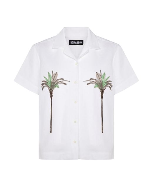 INGMARSON White Palm Embroidered Irish Linen Cuban Shirt for men