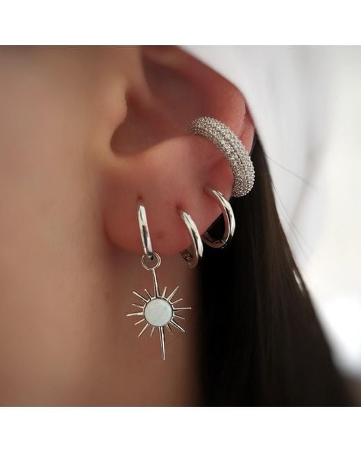 Spero London White Opal Northern Star Starburst Drop Hoop Earring Sterling